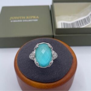 Judith Ripka Turquoise Quartz Doublet Ring Textured 925 Sterling Silver CZ Size9